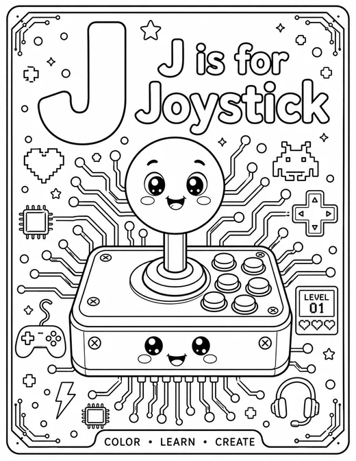 J is for Joystick circuit-board technology coloring page