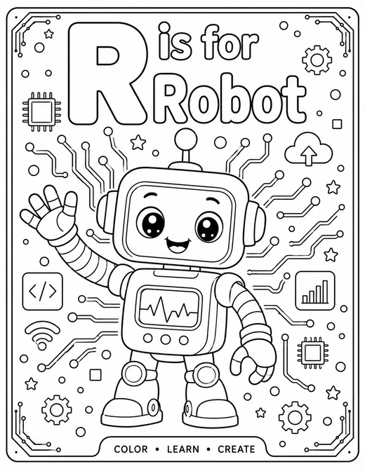 R is for Robot circuit-board technology coloring page